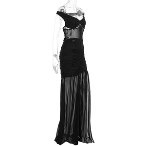 Detail of sheer mesh patchwork and side ruching on a black V-neck bodycon maxi dress