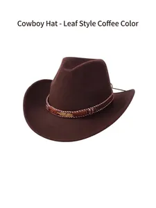 Detail of a brown cowboy hat featuring a woven band and a gold leaf-shaped metal buckle