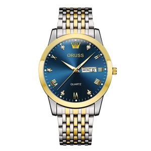 Men's luxury gold and silver stainless steel quartz watch with a blue dial and date display
