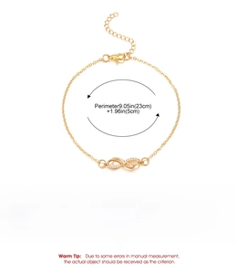 Detail view of gold infinity charm bracelet with adjustable chain and size specifications