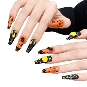 Faux ongles Halloween 3D avec motifs citrouille, araignée et chauve-souris noirs et orange