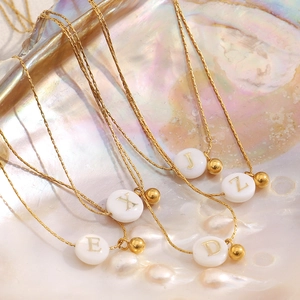 Vintage 18K gold-plated stainless steel initial pendant necklace with elegant pearl beads