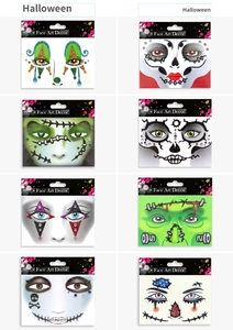 Eight diverse Halloween face art stickers featuring glitter, rhinestones and spooky designs