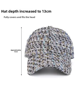Detailed view of tweed baseball cap with 13cm deep fit and intricate woven texture
