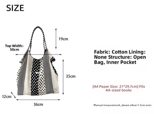Tableau des tailles du sac cabas en toile à pois avec dimensions et capacité pour format A4