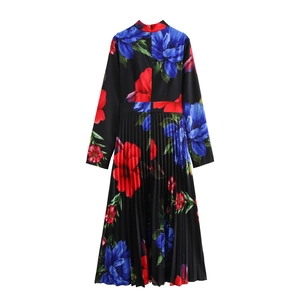 Robe longue plissée à manches longues et col montant avec imprimé floral pour femme