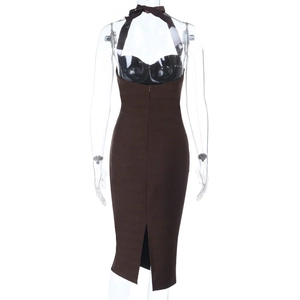 Detail view of the halter neck tie and back slit on this dark brown knit midi dress