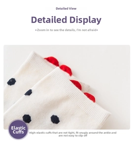 Detailed macro view of white socks with black polka dots and red sawtooth knit edge