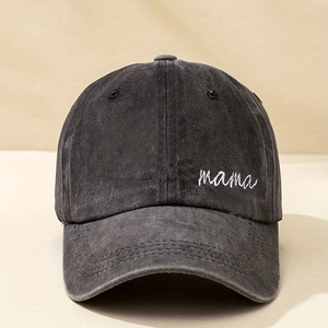 Retro washed cotton baseball cap in charcoal gray with white mama script embroidery