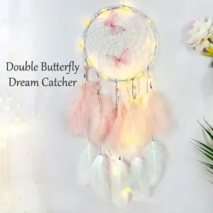 Butterfly Dream Catcher Handmade Feather Beads With LED String Lights Wall Hanging Home Decor Romantic Gift
