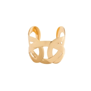 Polished gold hollow woven wide open cuff bracelet for men and women on white background
