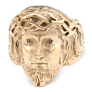 Men's vintage golden stainless steel ring featuring a detailed Jesus head sculpture