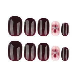 Burgundy and floral press-on nails set with 10 pieces of short round false nails
