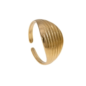 French style 18K gold plated stainless steel open ring with vertical grooved texture