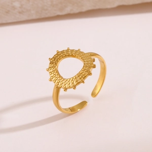 Golden sunflower hollow open ring in minimalist stainless steel with textured finish