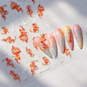 Golden koi fish nail stickers M-960 with orange gradients and translucent frost effect