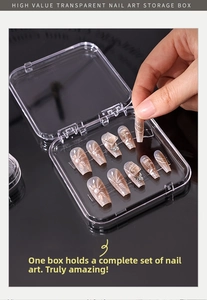 Detail view of transparent nail storage box featuring cat-eye press-on nails with pearls