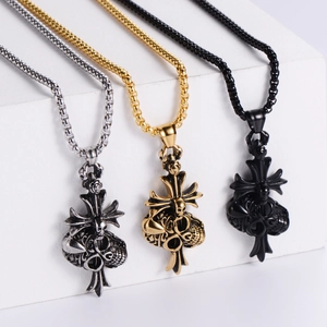 Gothic skull cross necklaces shown in gold, silver and black finishes for men