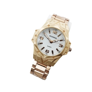 Men's fashion quartz watch with rose gold steel band and white three-dial display