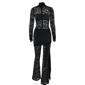 Back view of black lace jumpsuit featuring sheer mesh, long sleeves and flare trousers