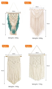Detail of four handmade macrame wall hangings with bohemian fringe and geometric patterns