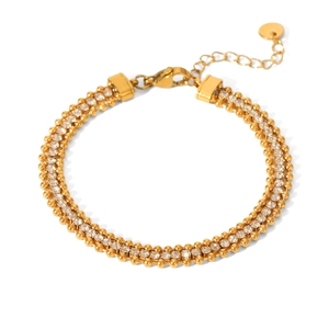 Detailed view of 18K gold plated stainless steel triple-layer bracelet with clear zircons