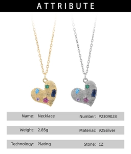 Detail view of gold and silver S925 sterling silver heart necklaces with CZ stones