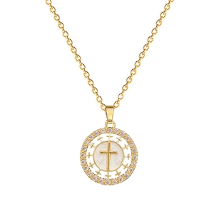 Luxurious gold titanium necklace with round shell cross pendant and sparkling zircons