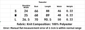 Maattabel voor gestreepte gebreide mini-jurk met V-hals en afmetingen voor S, M, L