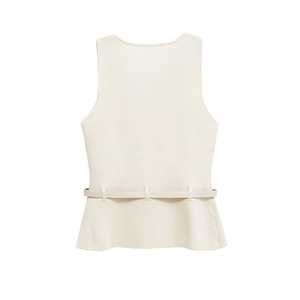 Detailed back view of a cream sleeveless vest featuring a textured fabric and matching belt