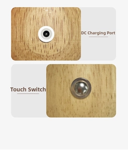 Macro detail of the wooden mushroom lamp showing DC charging port and touch control switch