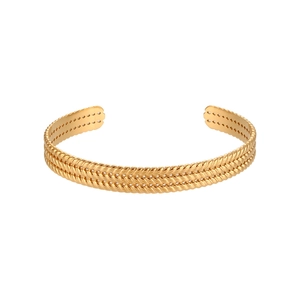 Adjustable golden stainless steel cuff bracelet featuring a triple-layer braided twist design
