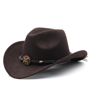 Detail of dark brown wool fedora hat featuring woven band and sunflower metal buckle