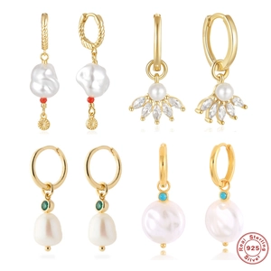 925 Sterling Silver Artificial Pearl Dangle Earrings For Women Irregular Artificial Baroque Pearl With Turquoise Zircon Vintage Style Jewelry