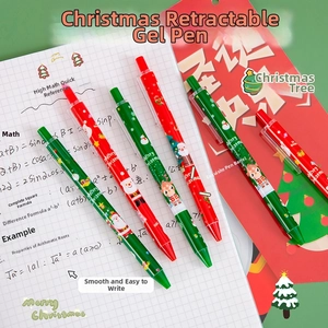 Close-up of five Christmas retractable gel pens featuring Santa and reindeer cartoon patterns