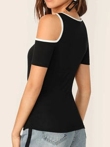 Women's black off-shoulder slim t-shirt with white contrast trim and open back design