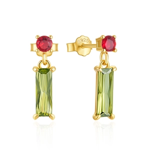 Detail of S925 silver earrings with red round stone and green rectangular drop