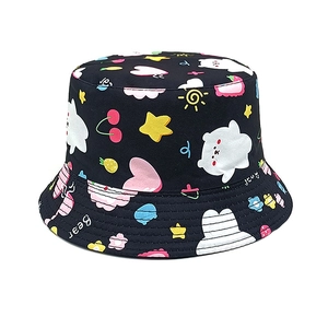 Detail of a black cotton bucket hat for kids with colorful cartoon bear and cloud prints
