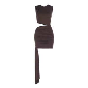 Chocolate brown sleeveless cutout dress with asymmetrical waist detail and side ribbon