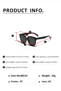 Detailed technical diagram showing square frame sunglasses dimensions and PC material specs