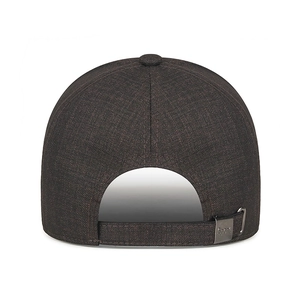 Rear view of brown textured baseball cap with adjustable metal buckle and Sport engraving