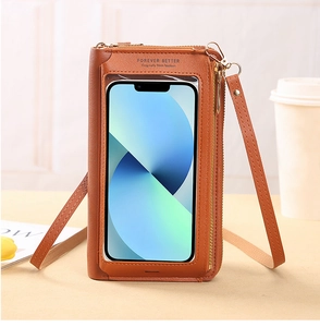Detail view of brown leather crossbody phone bag with transparent touch screen window
