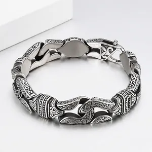 Vintage Men's Carved Floral Pattern Chain Bracelet 316L Stainless Steel Punk Retro Heavy Link Jewelry For Men