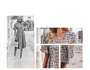 Detailed view of women's V-neck floral dress with delicate red and yellow flower patterns