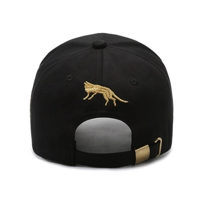 Large size black baseball cap with golden wolf embroidery and adjustable metal buckle