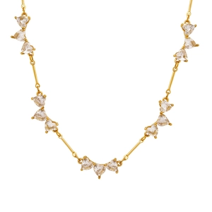 Minimalist gold heart-shaped zircon necklace with geometric linked crystal pendants