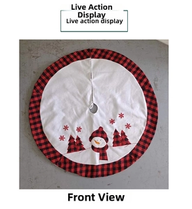 Detail view of snowman embroidery and buffalo plaid border on this Christmas tree skirt