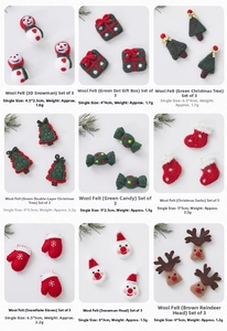 Detail of wool felt Christmas tree ornaments showing snowmen and reindeer gift tags