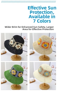 Detail of wide brim crochet sun hat with colorful flower patterns and hollow knit texture