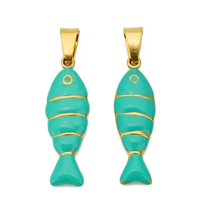 Pair of cartoon fish pendants in 18K gold plated stainless steel with green enamel oil